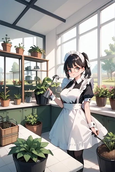 Black hair, glasses, maid, maid uniform, gardening, planter, planter with colorful pansies, watering