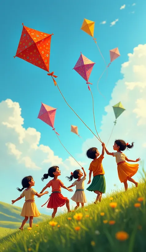 All Indian small s flying kites in a group