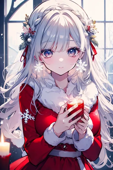 a beautiful young woman in a winter wonderland, snowflakes falling all around her, delicate ice crystals on her hair and eyelashes, wearing a cozy red dress, surrounded by glowing candles and twinkling lights, a magical Christmas Eve scene, cinematic light...