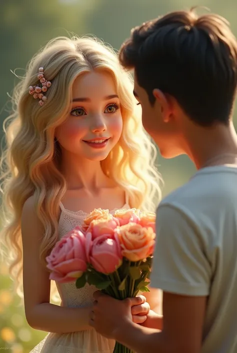 Young blonde girl with curlers  ,  honey-colored eyes  ,  white skin   ,   height 1. 50 reviews a bouquet of flowers being given to her by a young man 
 Mexican man with brown skin with straight and black hair , 