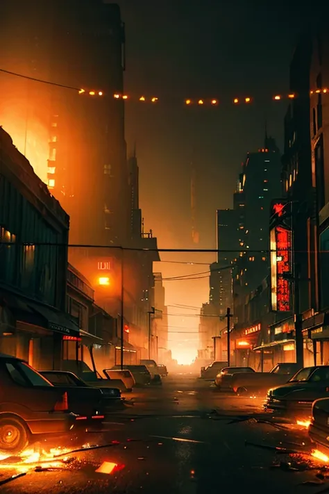 a post-apocalyptic night scene, a burning city with glowing neon lights, dark skies, dramatic lighting, highly detailed, cinematic composition, moody atmosphere, deep shadows, vibrant colors, neon signs, crumbling buildings, abandoned cars, dystopian lands...