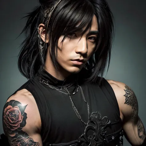 1 man, Japanese man, male, Asian eyes, muscular, broad shoulders, yakuza tattoos, hairstyle Visual Kei style, hair Visual Kei, black mens shirt and black pants, ultra detailed face, and eyes,  hyperrealistic, realistic representation, long hair, long hair,...