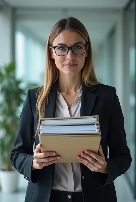 Une psy debout ayant des lunettes, mettant une veste et regardant à loptique de lappareil photo et tenant une pile de dossiers dans ses mains appuyés contre sa poitrine 