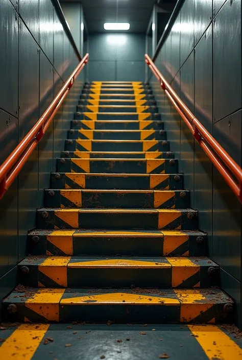 Stairs with contrasting warning stripes and handrails.