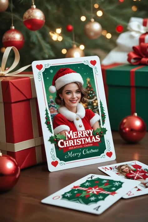 A white Christmas card with red and green ,  adorned with spheres and Christmas items on the edges, with the Text "Merry christmas"