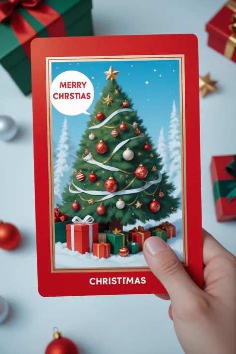 A white Christmas card with red and green ,  adorned with spheres and Christmas items on the edges, with the Text "Merry christmas"