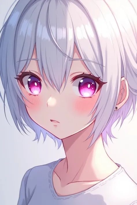 Create a boy with short white hair , with bangs covering half of his face and left eye. with a fair complexion with a shy appearance and slightly long eyelashes , with a delicate face, even somewhat feminine, with fuchsia eyes looking like an adult teenage...