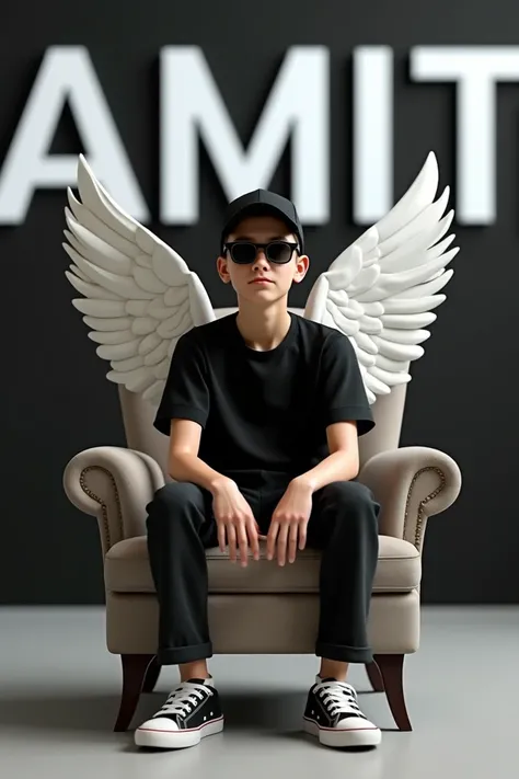 Create 3D illusion picture where a boy in a black shirt sites casually on a wing back chair. Wearing sneakers, a black cricket, and sunglasses, looks ahead. The background features "AMIT" in big and capital white font on the black wall. There should not be...