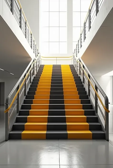 Stairs with contrasting warning stripes and handrails in an open space