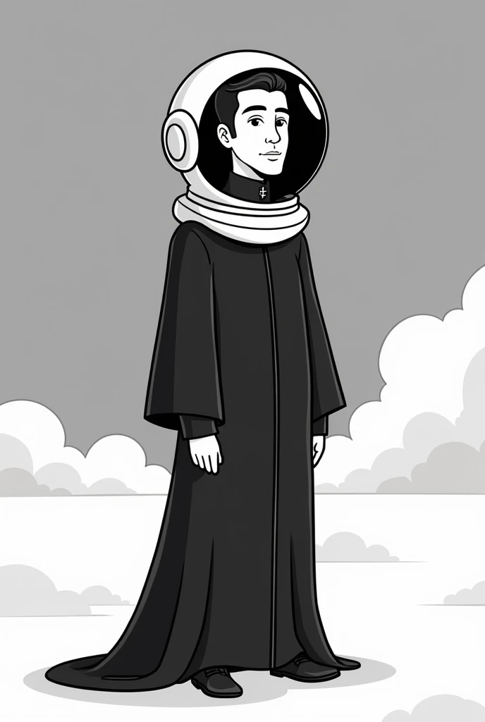 Saint John Don Bosco in black cassock with astronaut helmet black and white cartoon