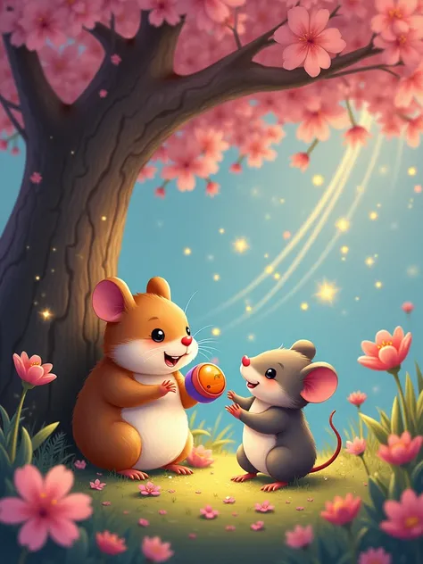 A magical and -friendly illustration for the dream journey Geliebtes Spielzeug: Abschied mit einem Lächeln. The scene shows Hamlet, a cute hamster with soft, fluffy fur and shiny button eyes, sitting under a large cherry tree in an enchanting garden. Hamle...