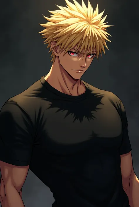 bakugo Katsuki, handsome blonde haired male, deep red eyes, muscular in a fitted black shirt, glancing down, dark background