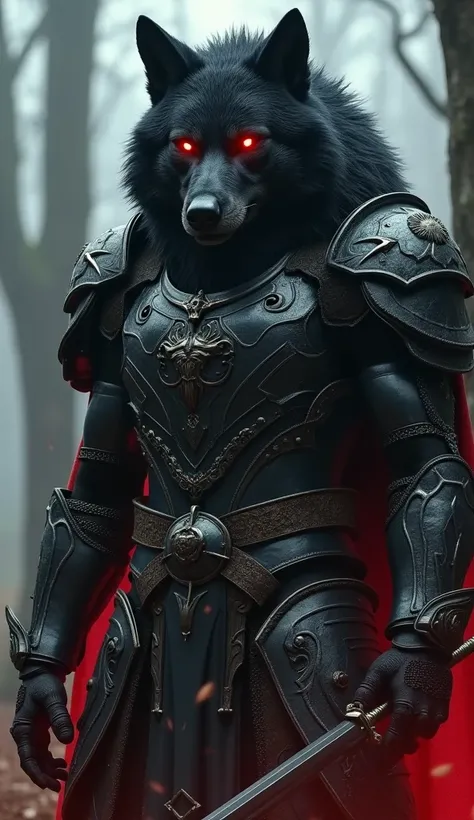  high resolution ,  masterpiece, Exactly, anatomically correct,  Multiple awards ,  best quality, Hohe Details,  super detailed, OctaneRender 8K,  Photorealism , Bad luck black giant wolf with red glowing eyes ,  next to it a dark red knight in full armor ...