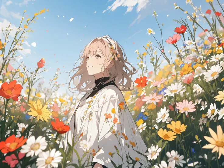 spring,   flowers blooming in the field ,  woman ,  look at the sky     