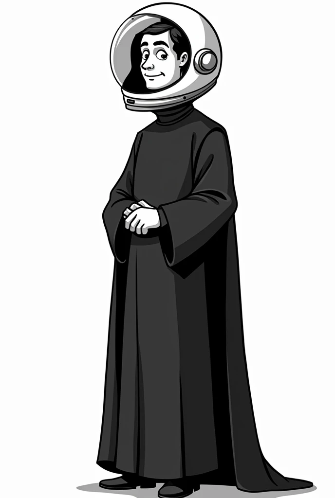 Saint John Don Bosco in black cassock with astronaut helmet black and white cartoon