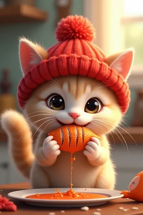 Cute cat in red hat eating fish