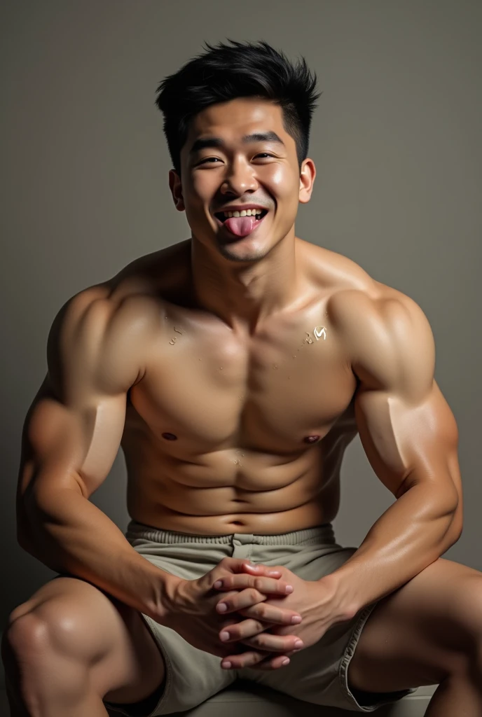 Cute guy with muscular body, broad shoulders, and big chests with nipples like the model Ye haos, be in a seated position and with legs spread and tongue out, make the chest be smeared with condensed milk and make his expression look happy to be used as a ...