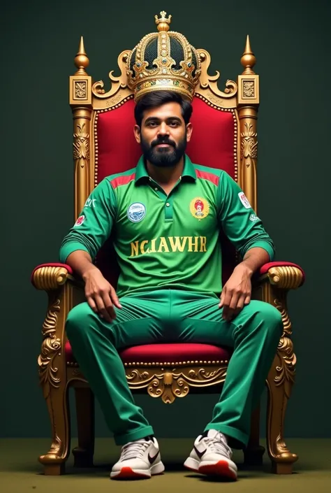 Create a picture where cricketer Shakib Al Hasan is sitting on a throne wearing a crown and kneeling in front of him are cricketer Mohammad Nabi, Ravindra Jadeja, Adil Rashid, Sikandar Raja, Rashid Khan, Mehedi Hasan.