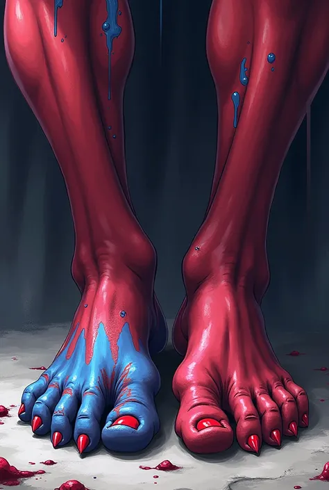 Akaza from the anime demon slayer showing his toes, the tip of his toes are blue, red nails feet, boy