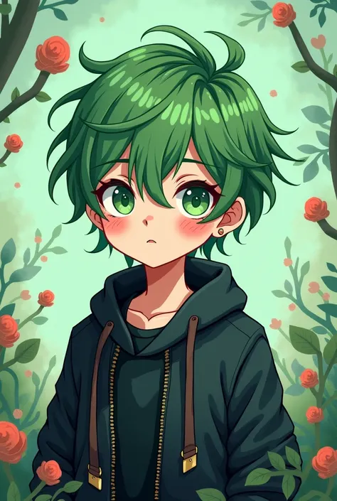 boy, goth, green hair, cutesy, cartoon, anime