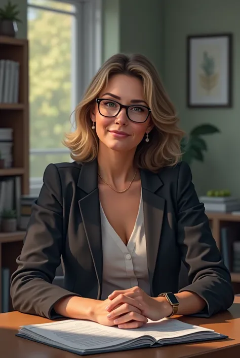 Linda Martin, une psy assise seule, ayant des lunettes, mettant une veste et regardant à loptique de lappareil photo. Elle a une pile de dossiers sur ses genoux, et regardant dans la direction du client que lon ne voit pas 