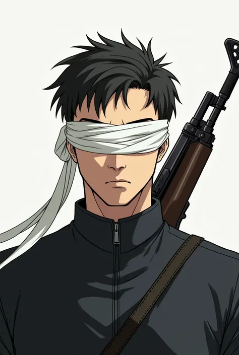 A man with his eyes rap with white ribbon. And in his back side a ak-47 is hanging. ((Camera front)) ((pfp)) ((animation type))