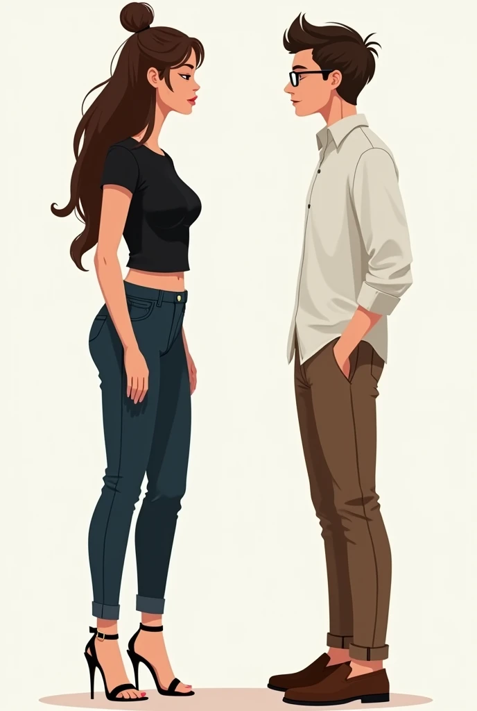 A very tall girl in dark blue trousers, a short black T-shirt,
heels sandals, two hair bun and a modest shy guy in a white
shirt, glasses, brown trousers, brown shoes, stand opposite each other