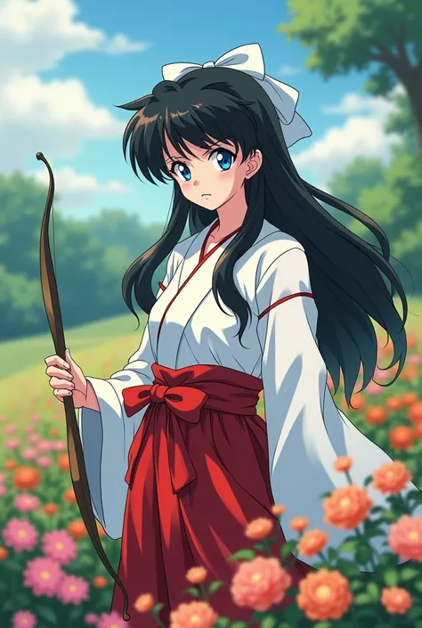 inuyasha (anime style InuYasha ), Human, feminine gender, light skin,  melancholic look ,  blue eyes with white sparkles ,  with long hair,  dark brown color ,  that is tied in a low and loose ponytail with a white ribbon with bangs hanging over her forehe...