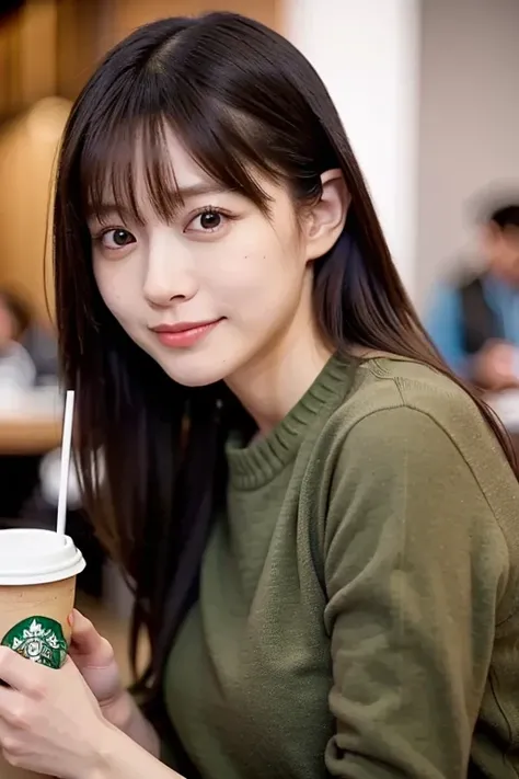 (masterpiece, best quality, perfect anatomy,  highres icon, 8k, realistic, photorealistic, natural skin texture, no makeup:1.2), ( drinking cafe latte in a winter Starbucks store), ((A freshly drunk cafe latte is placed on the table )), Her age is 20, ( Ve...