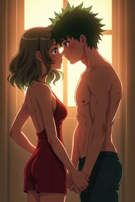 Midoriya deku hit growth spurt hard, become thin muscular and stand much taller than sexy ochako (she is short at his chest). They both feel horny. They both shirtless