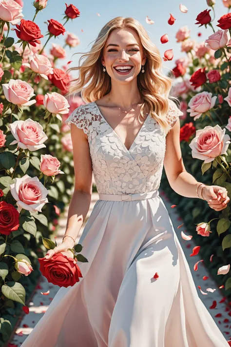  A row of beautiful bouquet of redish, pink and white roses in the hands of smiling blonde woman, woman looking forward, woman dancing full-length, sunny bright day, beautiful, realistic, 3d, illustration, white background with rose petals 