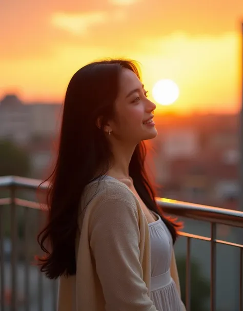 A young woman with long black hair standing on a balcony, gazing at a beautiful sunset. She is wearing a light cardigan over a simple dress, her smile glowing as the golden sunlight highlights her delicate features. The setting evokes a serene, personal mo...