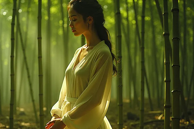 An asian woman standing in the middle of Arashiyama Bamboo Forest. Misty morning. Mountains vibes. Wearing white thin clothes. Backlight, dim light, foggy background, half body shoot focusing at her beauty