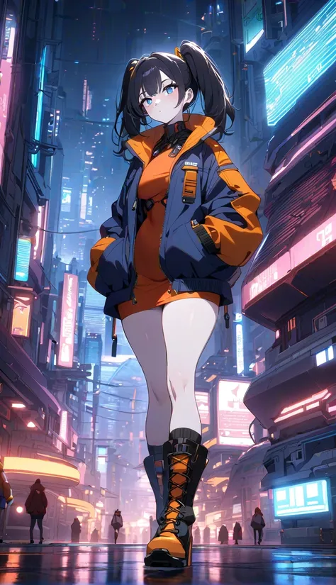 Detailed,  masterpiece, beautiful, anime style, girl,  black hair with 2 pigtails , short red dress,  oversized navy blue jacket with orange touches, futuristic black boots ,  medium tits ,  big thighs, pale skin,  blue eyes ,  walking around the futuristi...