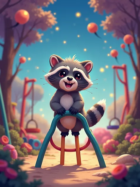 A magical and -friendly illustration for the dream journey Spielplatz-Helden: Selbstbewusstsein im Sandkasten. The scene features Olli, a cute raccoon with soft gray and black fur, big curious eyes, and a cheerful expression, playing in a vibrant playgroun...