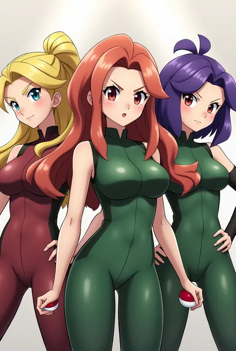 3 personnages féminins cheveux long de la team rocket 
1 : couleur or avec nuance d’or
2 : couleur rose avec cheveux châtain 
3 : cheveux violet avec yeux nuancé de rouge tenu verte 
Héroïnes 
Accessoires pokeball