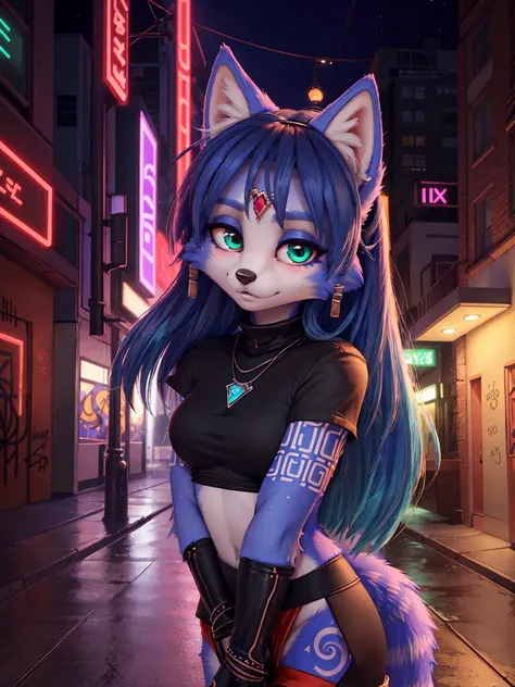 A portrait of  ((krystal)), Star Fox-Krystal, lovable, green eyes, ((( long blue hair 1 .3))), Decollete, anthro, Fuzzy,  detailed Fluffys fell,  detailed face , (Fluffy),  1 girl, ,woman, Goth, green eyes, undercut, ultra-realistic 8k cg ,  masterpiece, (...