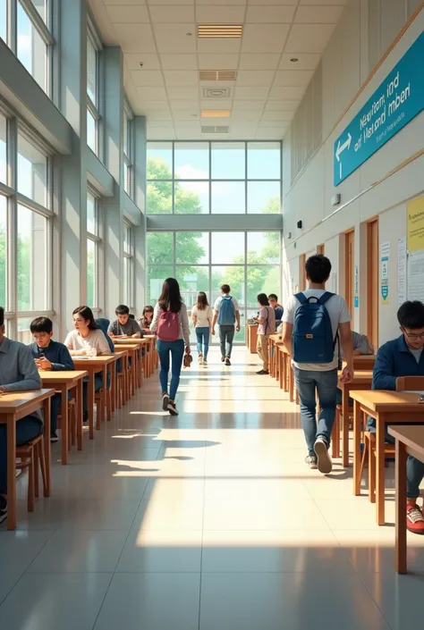 Large corridor or corridor with accessible signage and appropriate school furniture