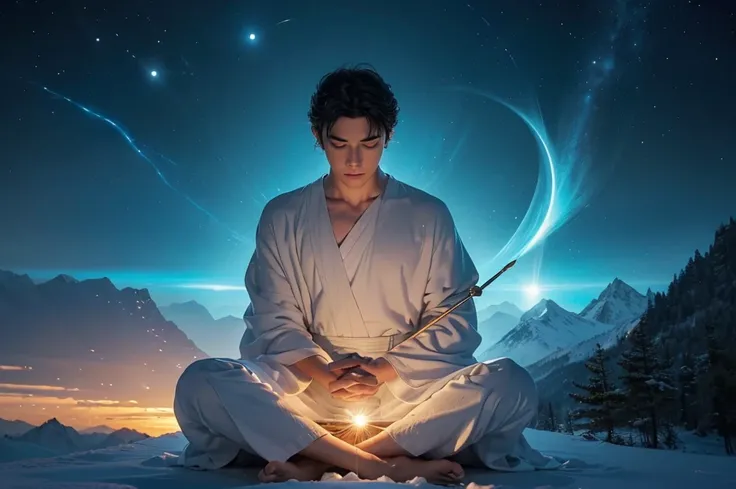 "Create a man a serene and inspiring digital illustration of a wise sage character. The figure should have a calm and thoughtful expression, seated in a meditative pose or standing amidst nature. Surround them with subtle glowing light, symbolizing wisdom ...