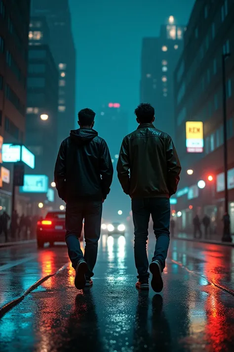 Two men are walking in the middle of the night city in the drizzle full of light realistic hd