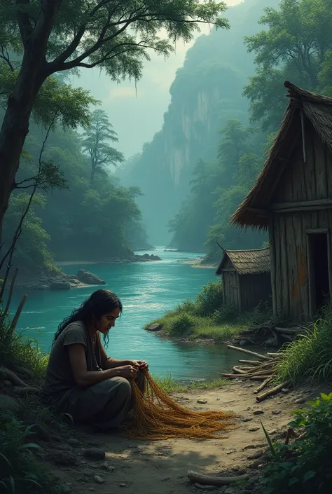 A small, rustic fishing village surrounded by a dense forest.

Rani, dressed in worn-out clothes, is seen mending a fishing net with a determined expression.

Background: Huts made of wood and straw, with a large river in the distance. Generate images 60 b...