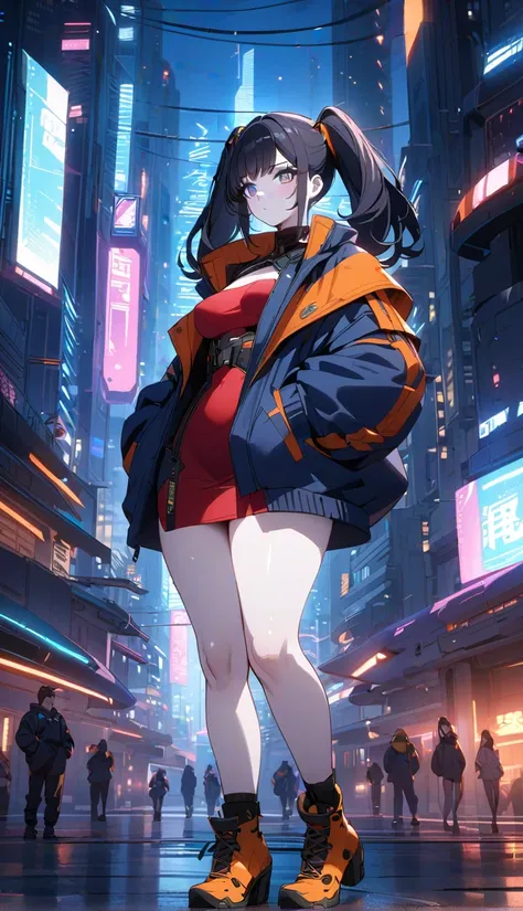 Detailed,  masterpiece, beautiful, anime style, girl,  black hair with 2 pigtails , short red dress,  oversized navy blue jacket with orange touches, futuristic black boots ,  medium tits ,  big thighs, pale skin,  blue eyes ,  walking around the futuristi...