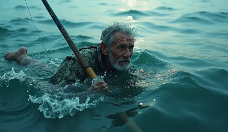 hyper-realistic, cinematic 8k masterpiece, The old fisherman named Thomas swam in the sea. Thomas was wearing a camouflage fishing suit.