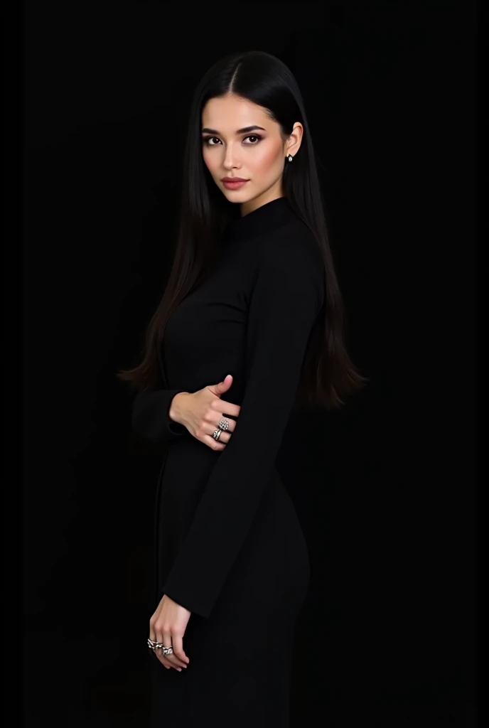 

 A woman standing gracefully against a plain black background.  Women this wearing a long sleeve plain black outfit , rambut panjang deep black  terurai rapi dengan belahan tengah,  and looks elegant with expression serious yet gentle face .  One hand ci...