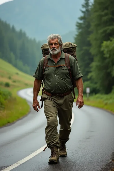 A man truck on a road with a backpack on his back