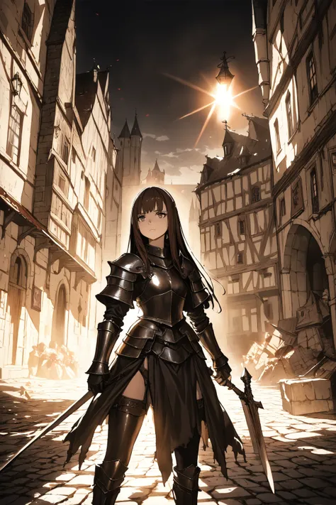 1 girl, (charming face), 18 years old, (long straight hair), (serious gaze), small breasts, petite frame, (wearing leather armor), (dark brown), thigh high, (battle scars), BREAK  
Medieval town square, (standing ready for battle:1.2), (shield raised:1.2),...