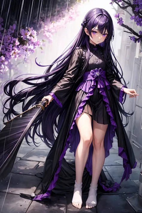 Violet long hair have violet wings black eyes wearing violet angelic dress black socks no shoes in middle of rain have dark katana in hand