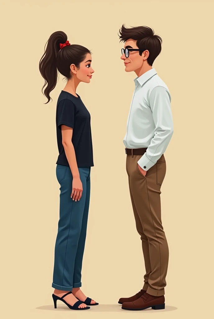 A very tall girl in dark blue trousers, a short black T-shirt,
high-heels sandals, two hair bun and a modest shy guy in a white
shirt, glasses, brown trousers, brown shoes, stand opposite each other, verism