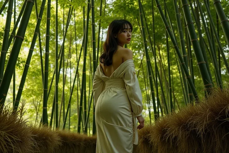 a 20 year old Japanese girl standing in the middle of the bamboo forest, medium breast, wearing sexy kimono posing in front fo the camera