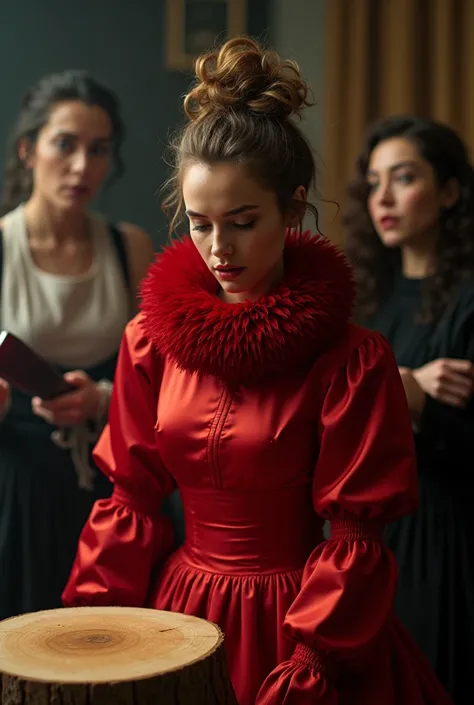 (realistic photograph sideways close up), (a cheerful beautiful caucasian damsel with (wide messy hair bun) and wearing (red glamorous silk dress with (long gigantic puff sleeves), (and with an ultra high tight stand-up collar up to her cheeks) (with a gig...